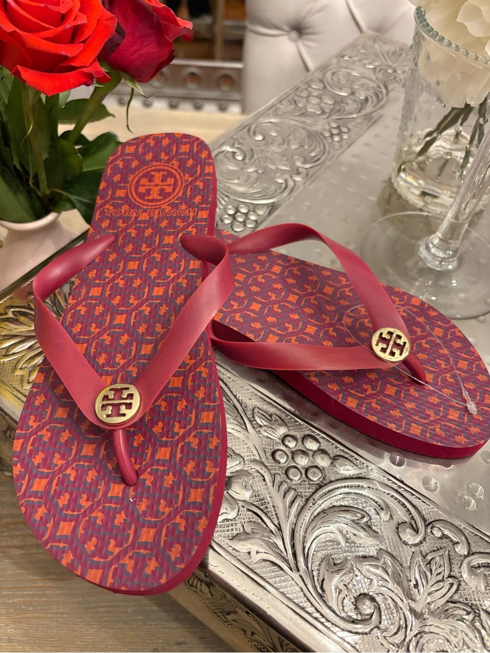 Tory Burch Pink-Red Logo Pattern Flip Flop Sandals